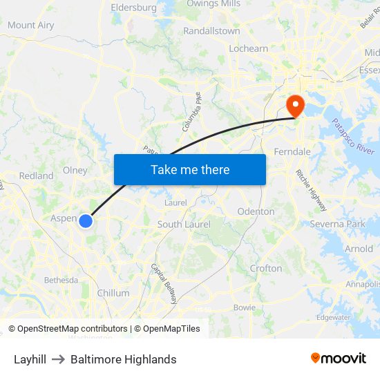 Layhill to Baltimore Highlands map