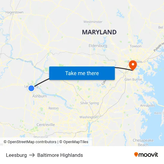 Leesburg to Baltimore Highlands map