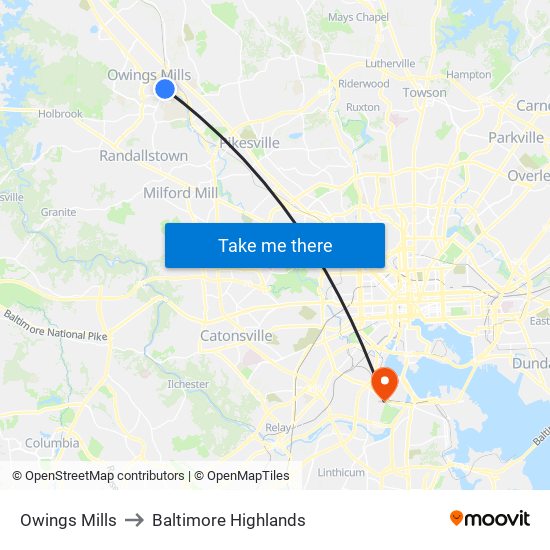 Owings Mills to Baltimore Highlands map