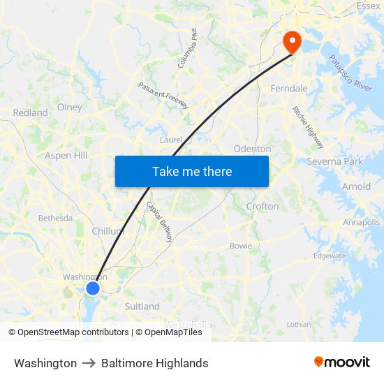 Washington to Baltimore Highlands map