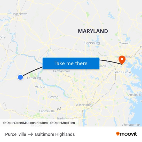 Purcellville to Baltimore Highlands map