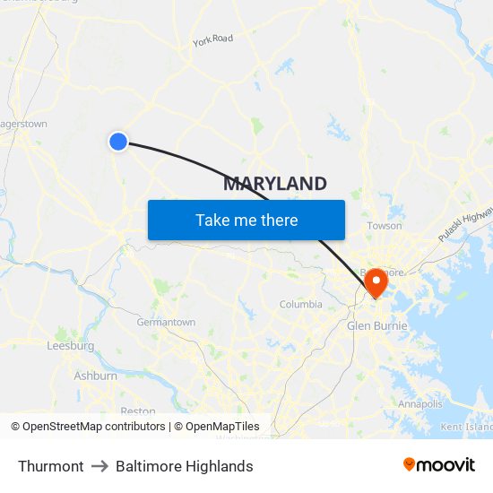 Thurmont to Baltimore Highlands map