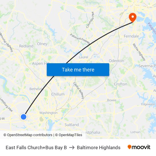 East Falls Church+Bay B to Baltimore Highlands map