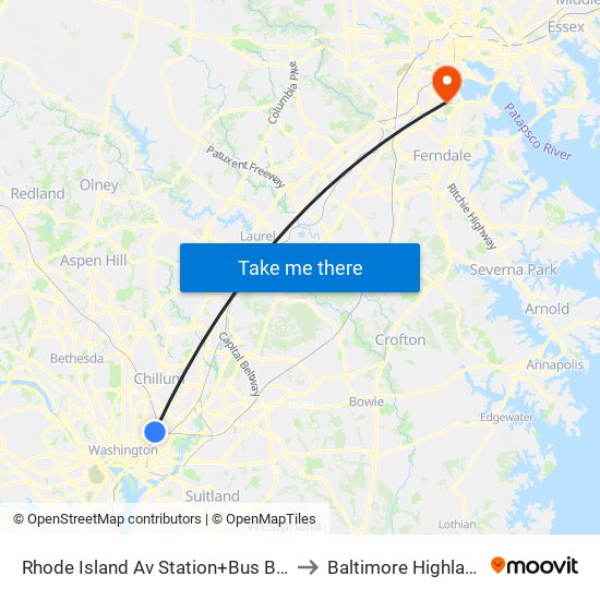 Rhode Island Av Station+Bus Bay D to Baltimore Highlands map