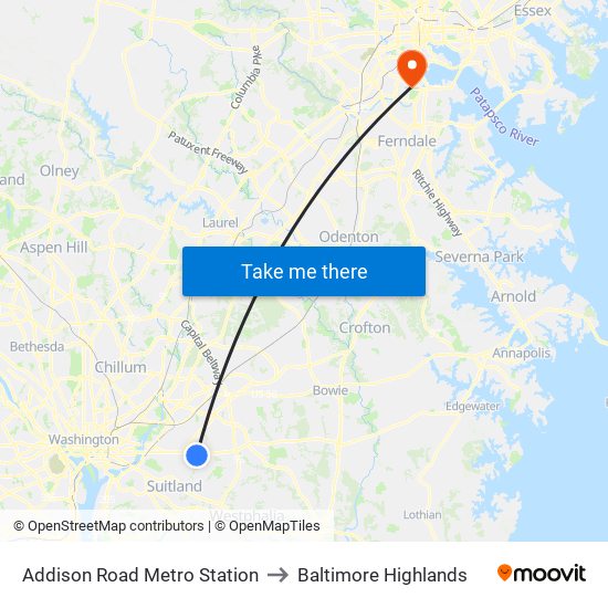 Addison Road Metro Station to Baltimore Highlands map