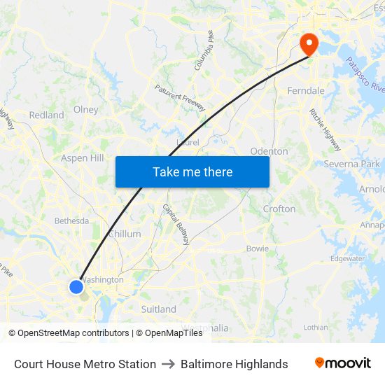 Court House Metro Station to Baltimore Highlands map