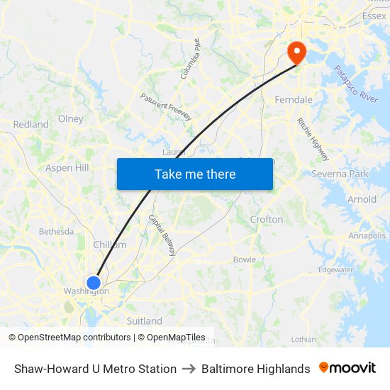 Shaw-Howard U Metro Station to Baltimore Highlands map