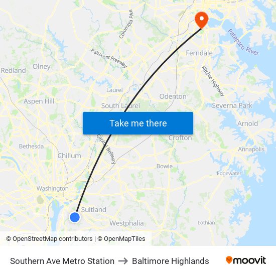 Southern Ave Metro Station to Baltimore Highlands map