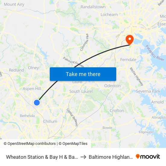 Wheaton Station  & Bay H & Bay K to Baltimore Highlands map