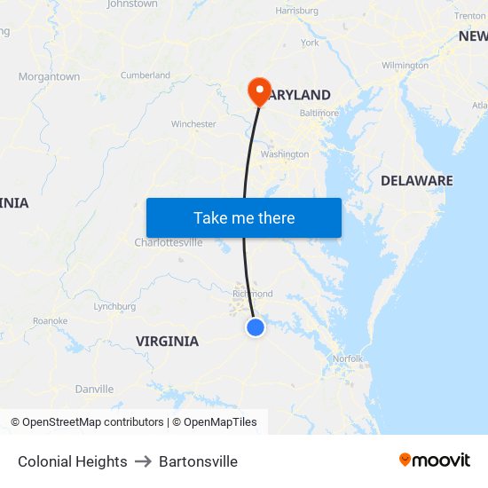 Colonial Heights to Bartonsville map