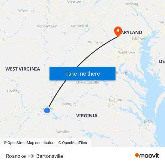 Roanoke to Bartonsville map