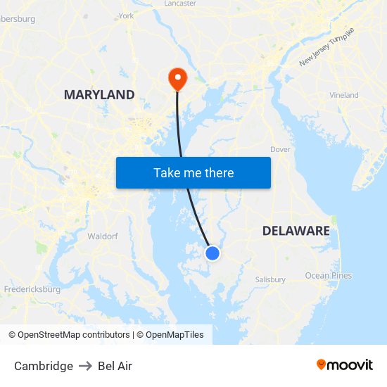 Cambridge to Bel Air map