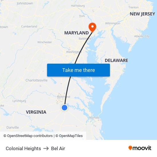 Colonial Heights to Bel Air map