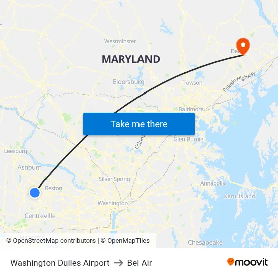 Washington Dulles Airport to Bel Air map