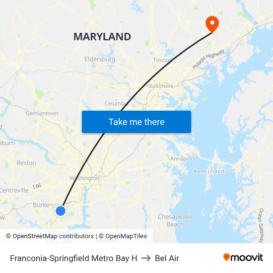 Franconia-Springfield Metro Bay H to Bel Air map