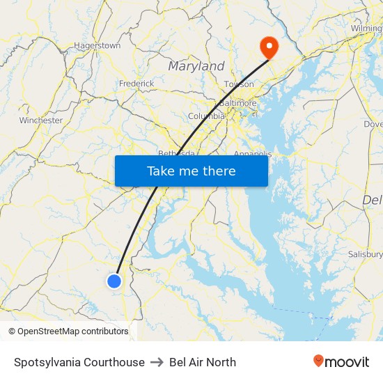 Spotsylvania Courthouse to Bel Air North map