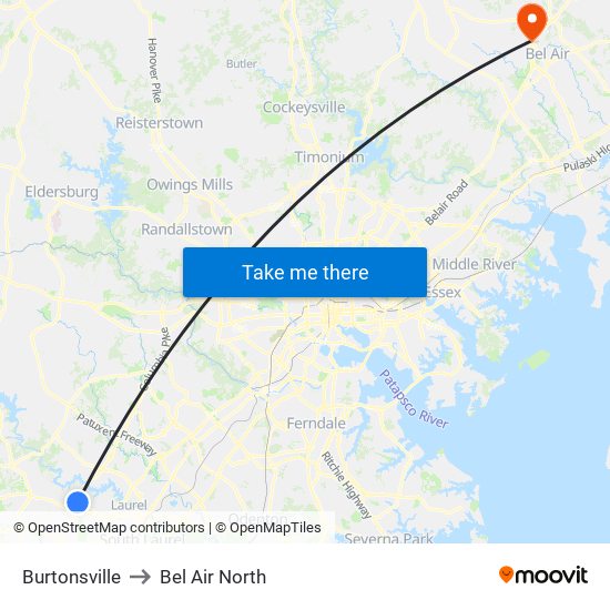 Burtonsville to Bel Air North map