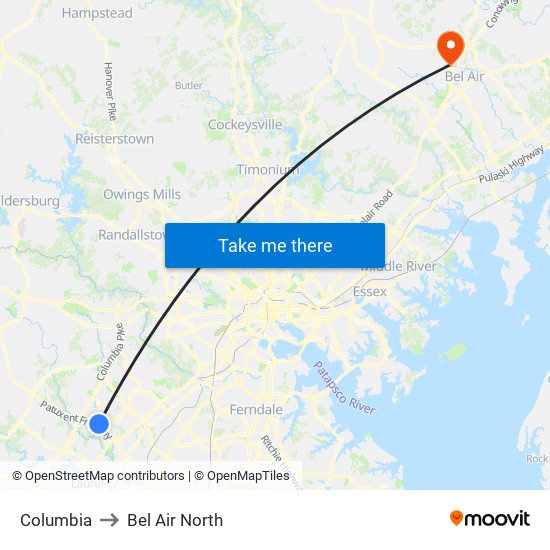 Columbia to Bel Air North map