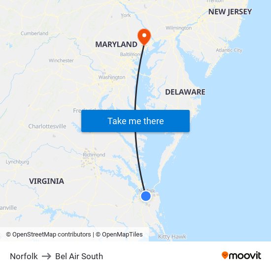 Norfolk to Bel Air South map