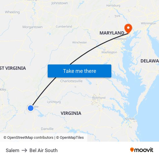 Salem to Bel Air South map