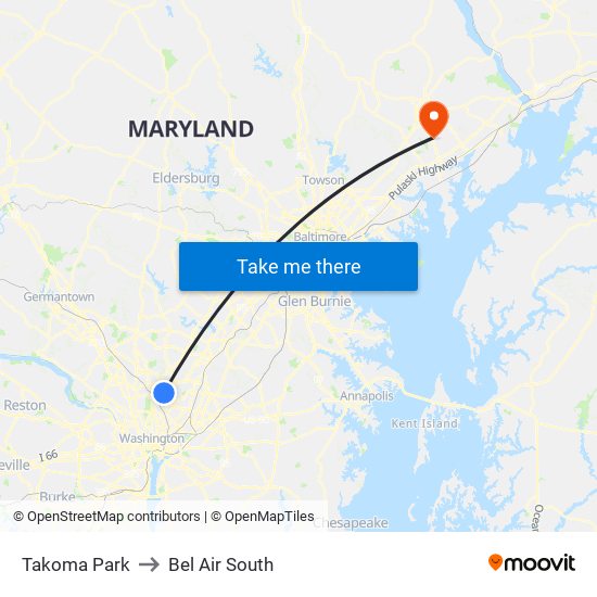 Takoma Park to Bel Air South map