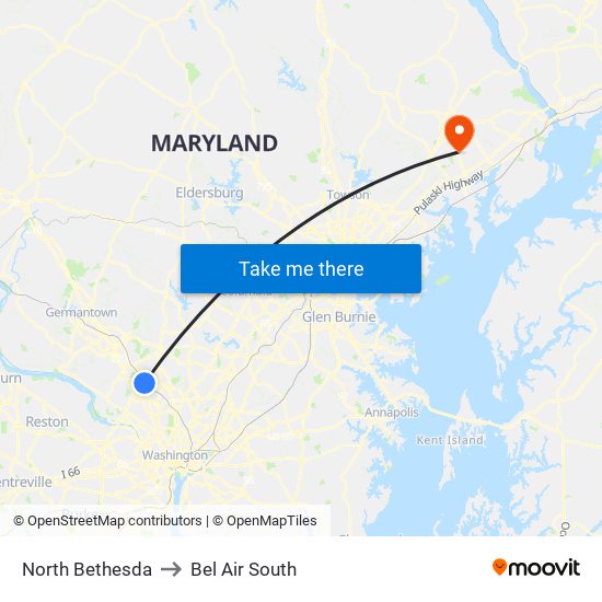 North Bethesda to Bel Air South map