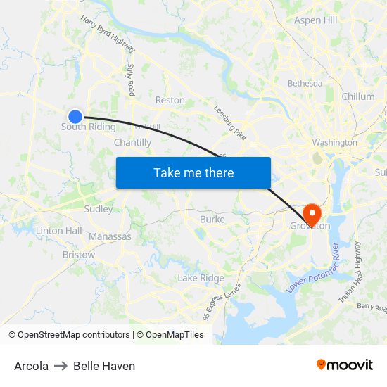 Arcola to Belle Haven map