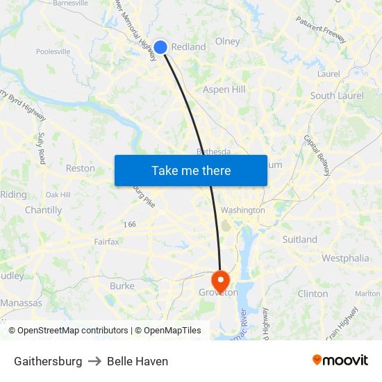 Gaithersburg to Belle Haven map