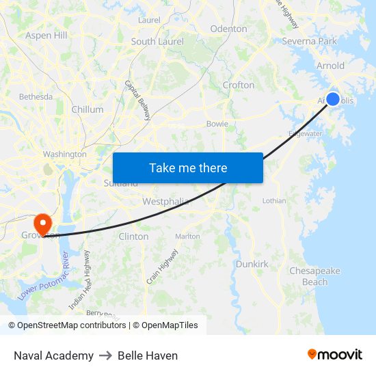 Naval Academy to Belle Haven map