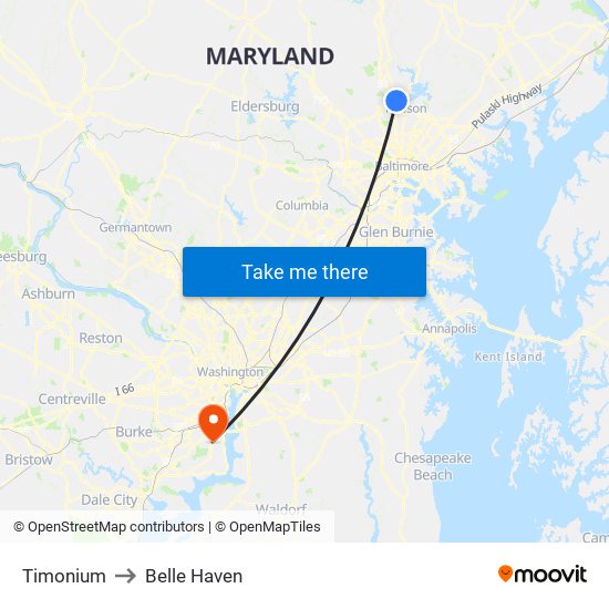 Timonium to Belle Haven map