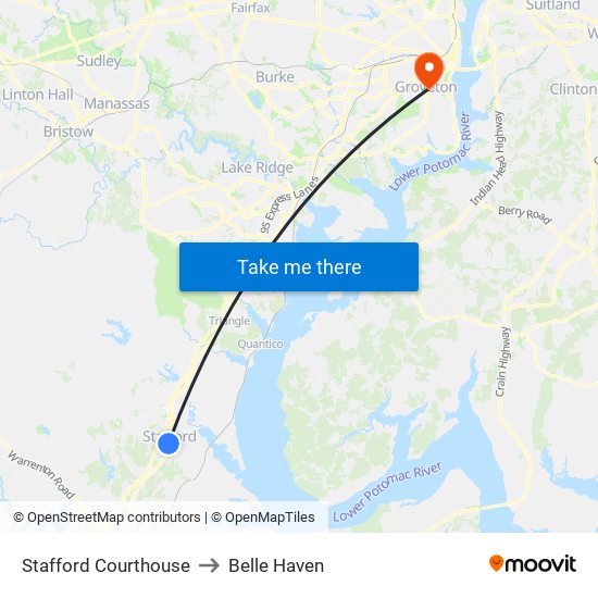 Stafford Courthouse to Belle Haven map
