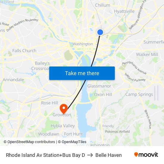 Rhode Island Av Station+Bus Bay D to Belle Haven map