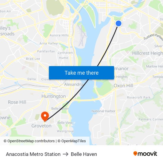 Anacostia Metro Station to Belle Haven map