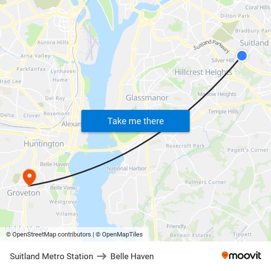 Suitland Metro Station to Belle Haven map