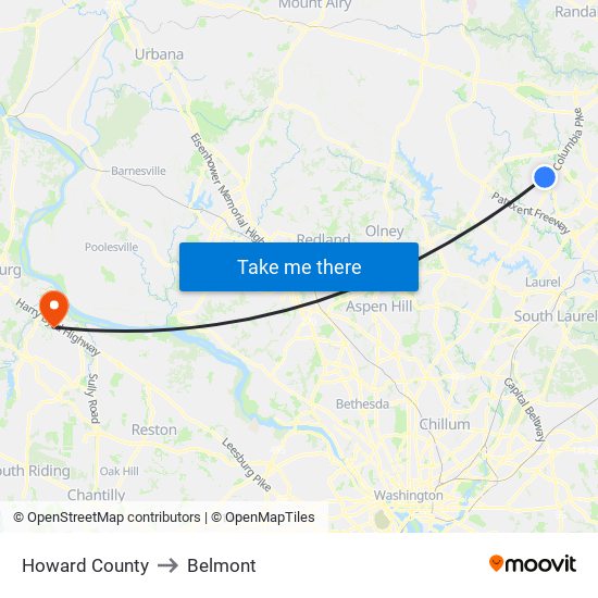 Howard County to Belmont map