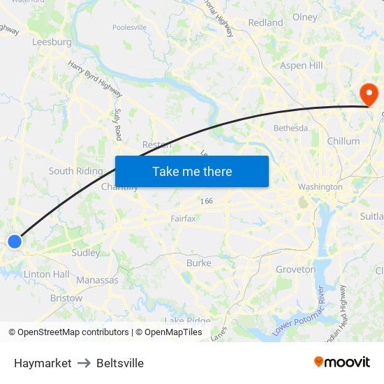 Haymarket to Beltsville map