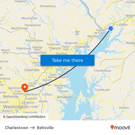 Charlestown to Beltsville map