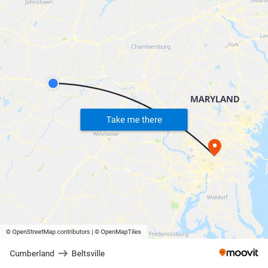 Cumberland to Beltsville map