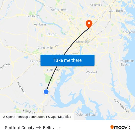 Stafford County to Beltsville map