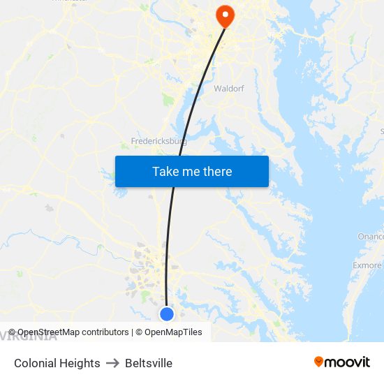Colonial Heights to Beltsville map