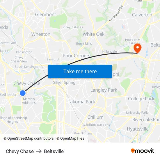 Chevy Chase to Beltsville map