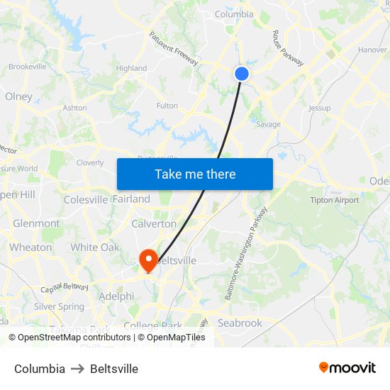 Columbia to Beltsville map