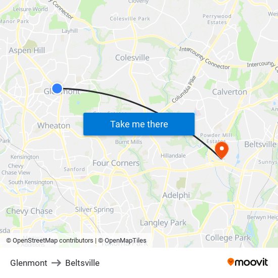 Glenmont to Beltsville map