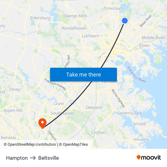 Hampton to Beltsville map