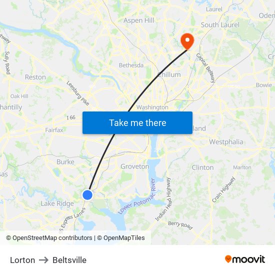 Lorton to Beltsville map