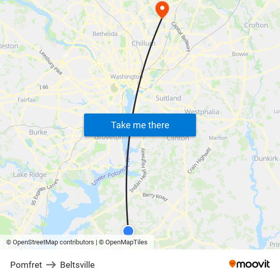 Pomfret to Beltsville map