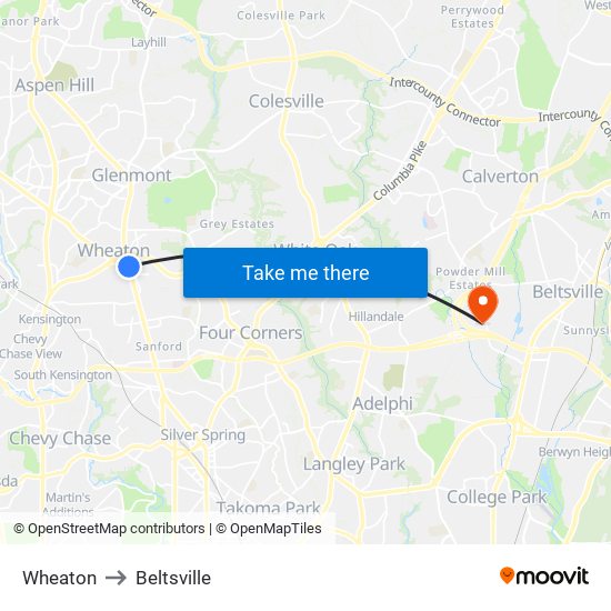 Wheaton to Beltsville map