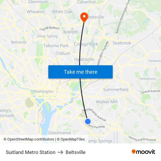 Suitland Metro Station to Beltsville map