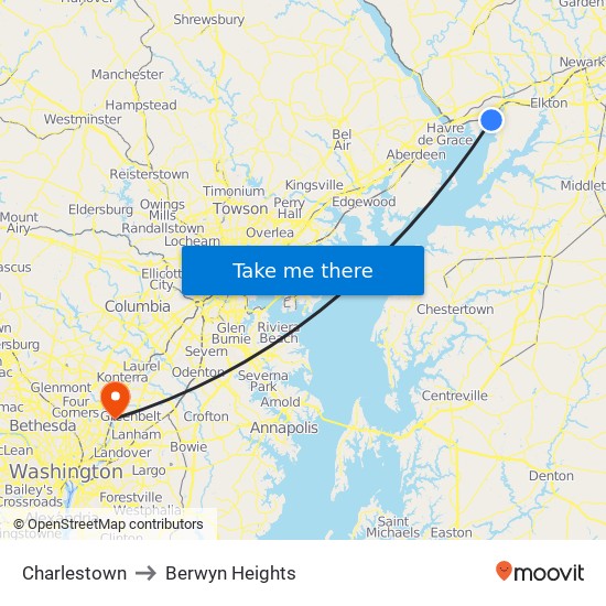 Charlestown to Berwyn Heights map