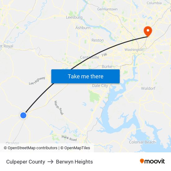 Culpeper County to Berwyn Heights map